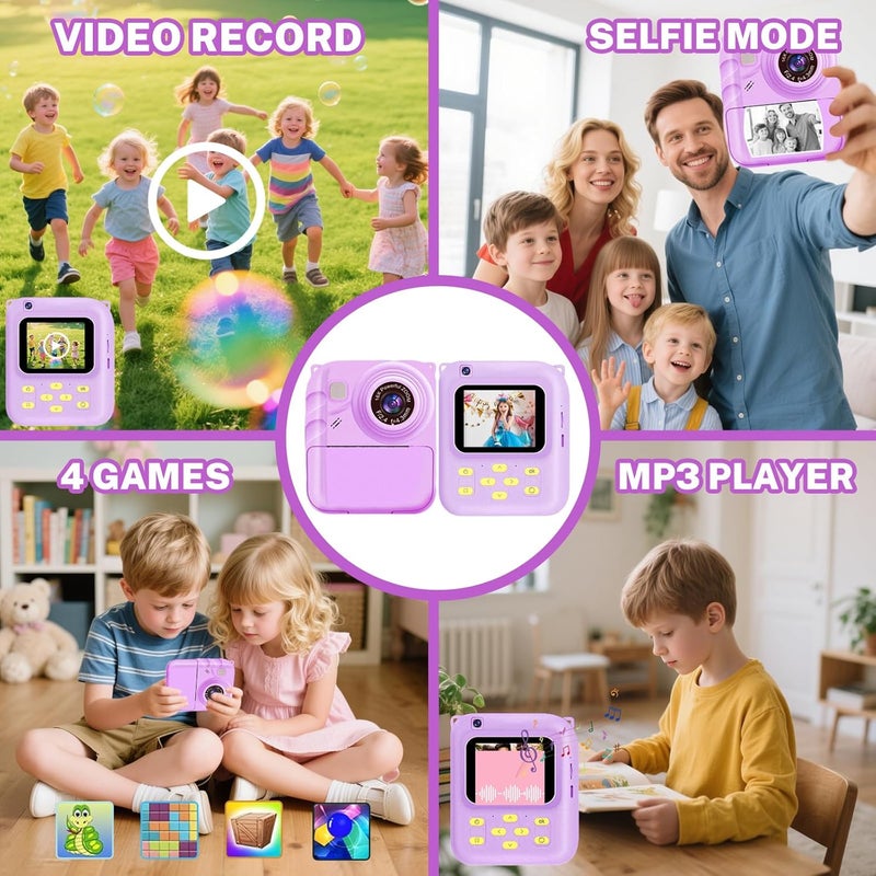 QDH Instant Print Camera for Kids, 1080P Video Camera with 3 Print Rolls, 32GB Card & Cute Cover, Gift for Girls Boys Age 3-12, Toddler Digital Camera with Games, Filters, Music – Purple - Image 3